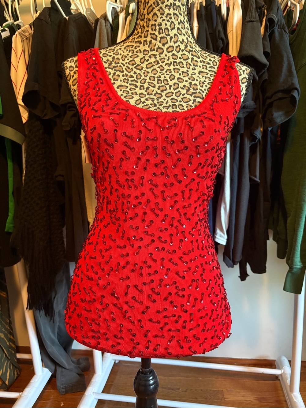 Vintage CAL Fashion Red Beaded Scoop Neck Tank Top
